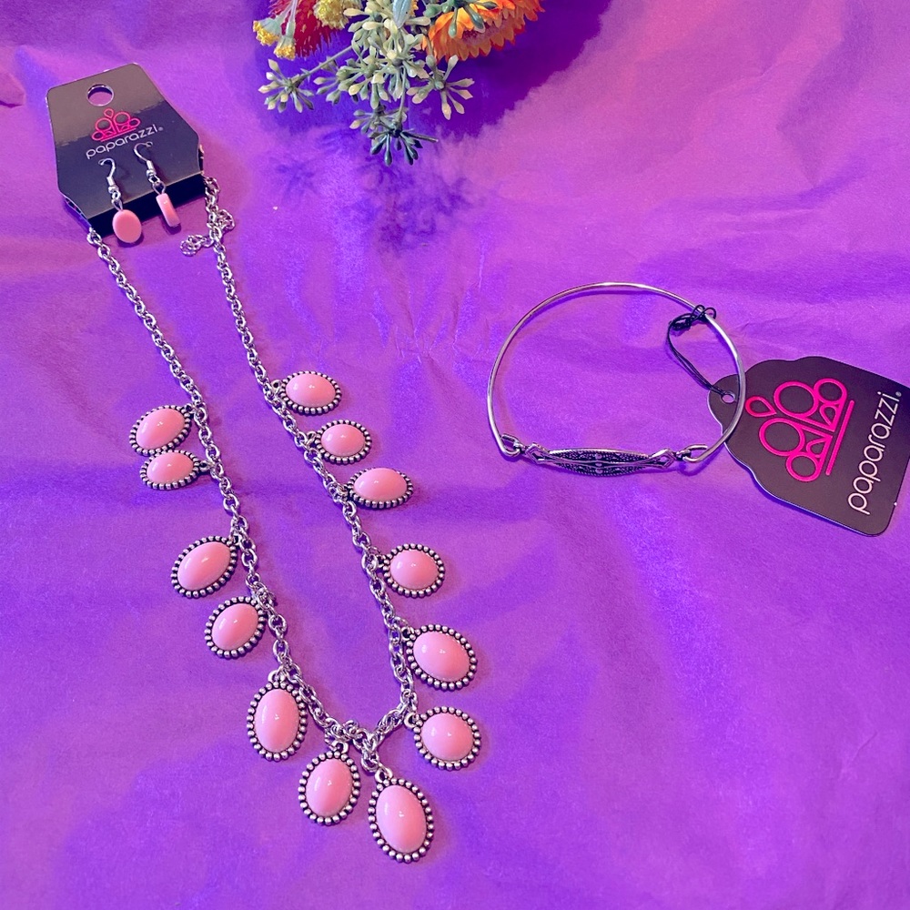 Pink Necklace, Earrings & Silver Tone Bracelet